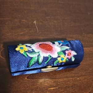 Floral Embroidered Mirrored Lipstick Case